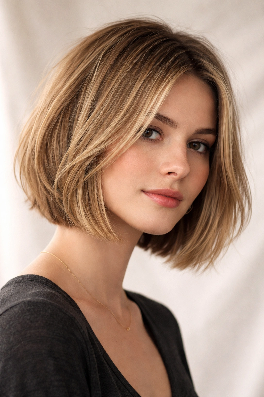 Close-up of a straight bob with subtle textures and soft wispy ends