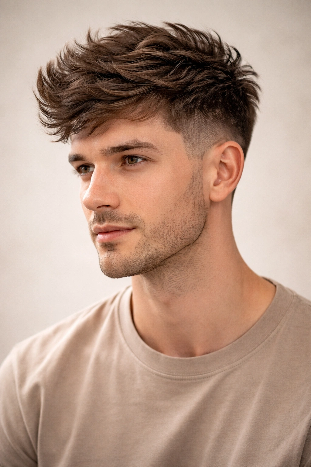 Three-quarter view of textured taper cut with crown volume