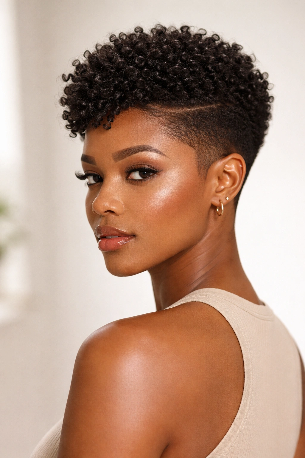 Portrait of a Black woman with a textured taper cut showing short sides and full top
