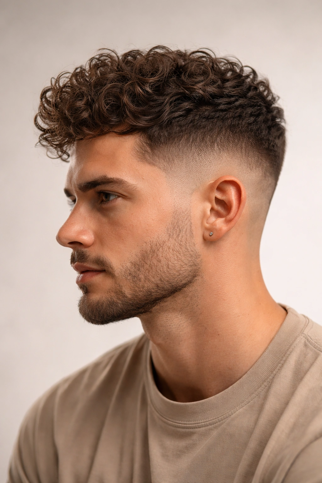 Close-up of a textured taper fade on curly hair with defined curls