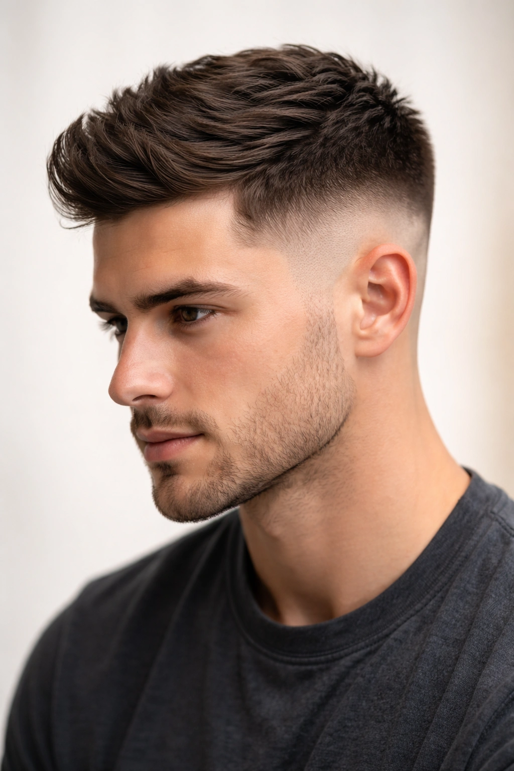 Textured taper fade hairstyle with side-part