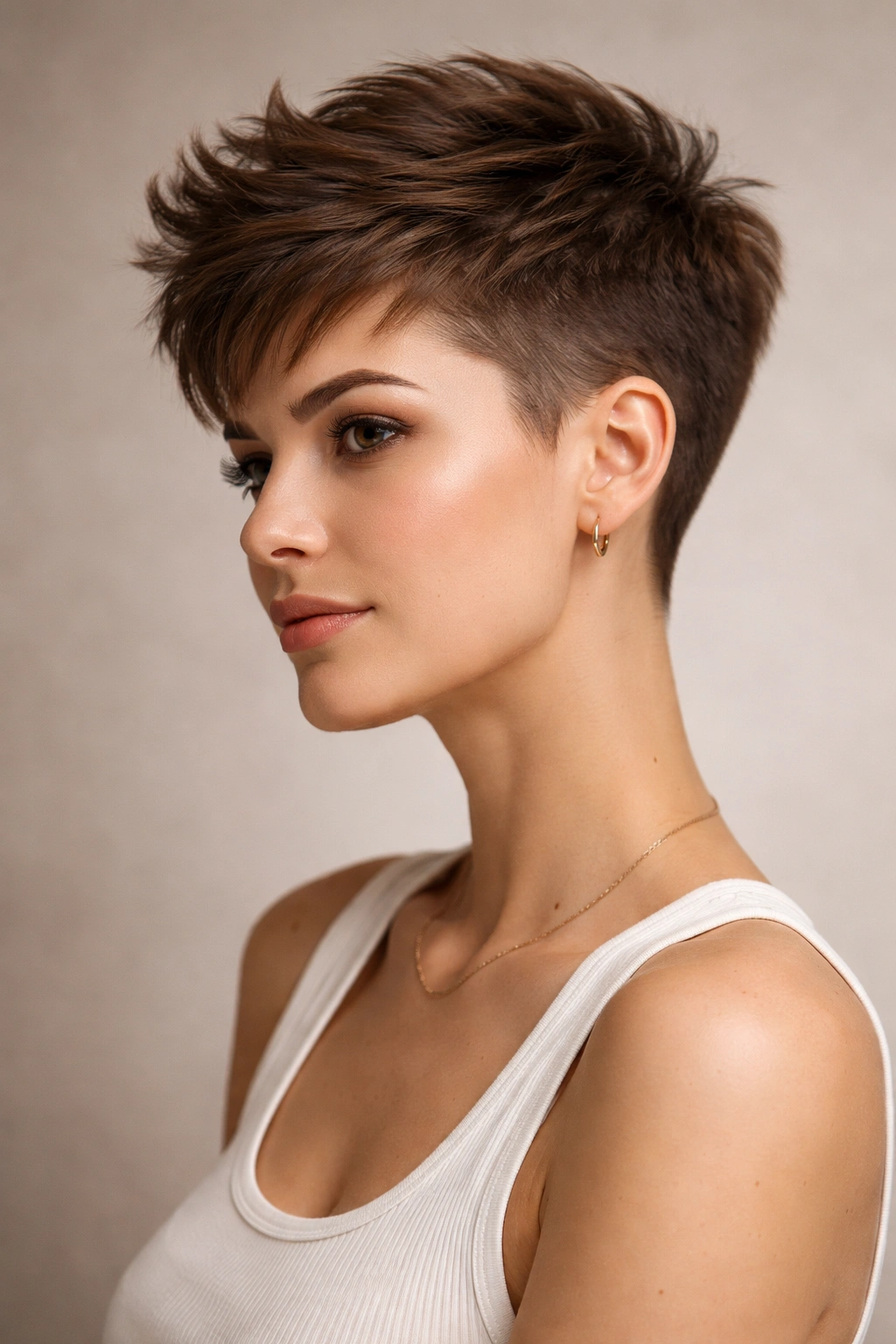 Close-up of a woman with a textured-taper hairstyle featuring a longer top and tapered sides in a studio.