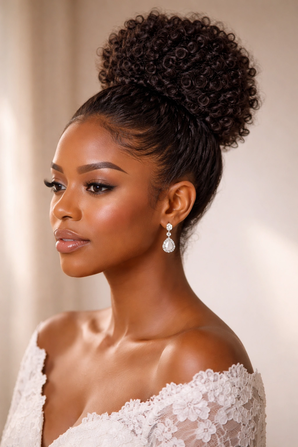 Textured top knot with defined curls at crown