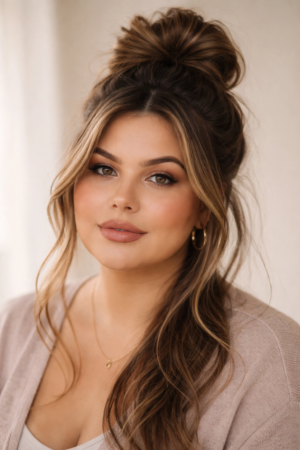 Close-up of a plus-size woman with a textured top knot and face-framing pieces