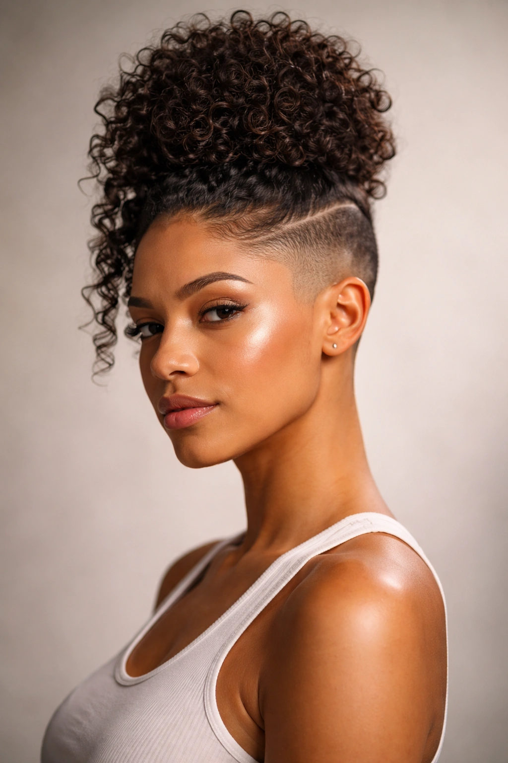 Textured top knot with shaved sides showing voluminous top and crisp sides