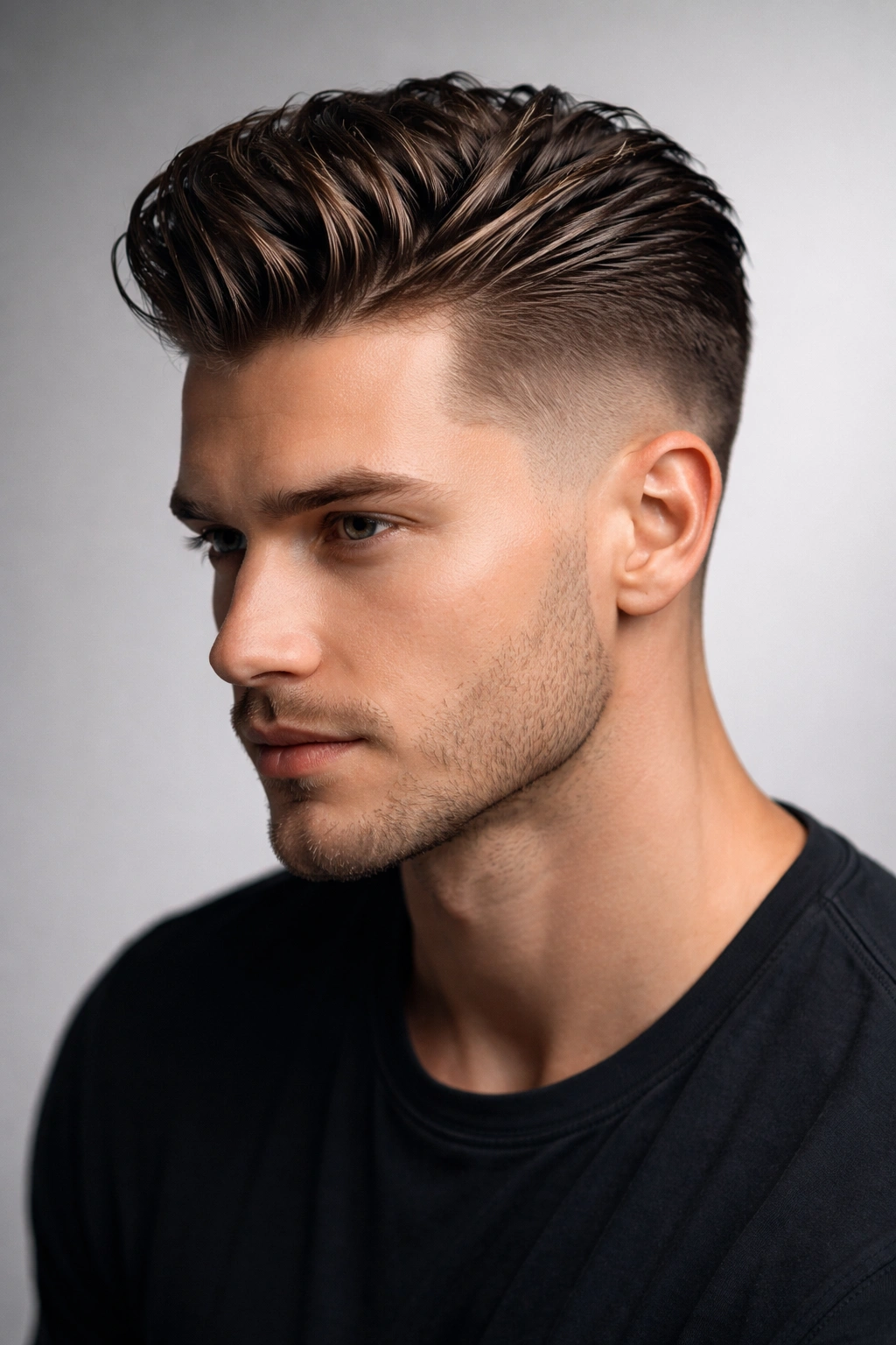 Textured top slicked sides hairstyle with contrast