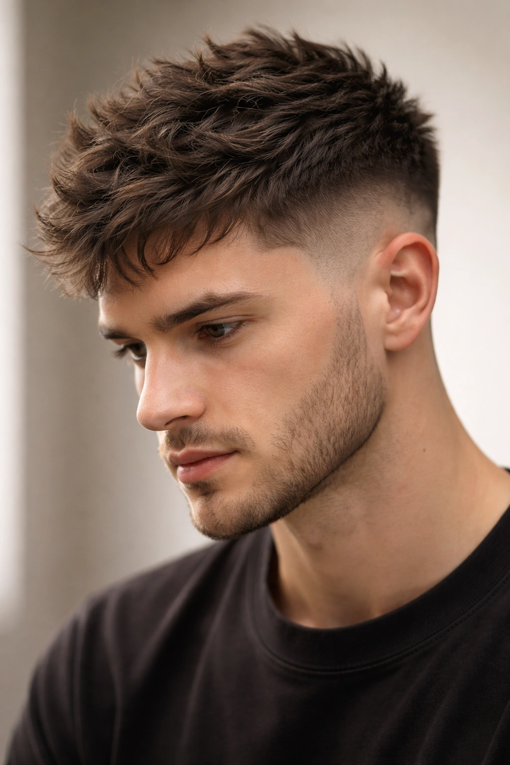 10 Temp Fade Haircuts For A Clean Sharp Look 6 Textured top with temple fade showing choppy layers and blended sides
