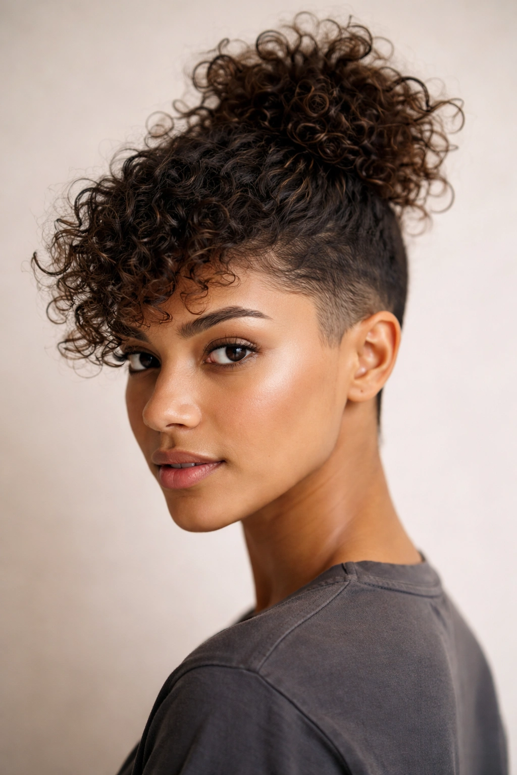20 Short Curly Haircuts To Try Today 16 Portrait of a person with a textured topknot-ready cut showing crown texture and layering.