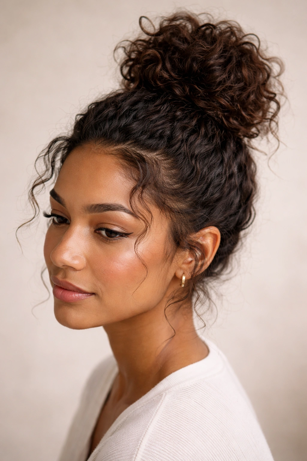 Close-up of textured topknot hairstyle with voluminous crown bun