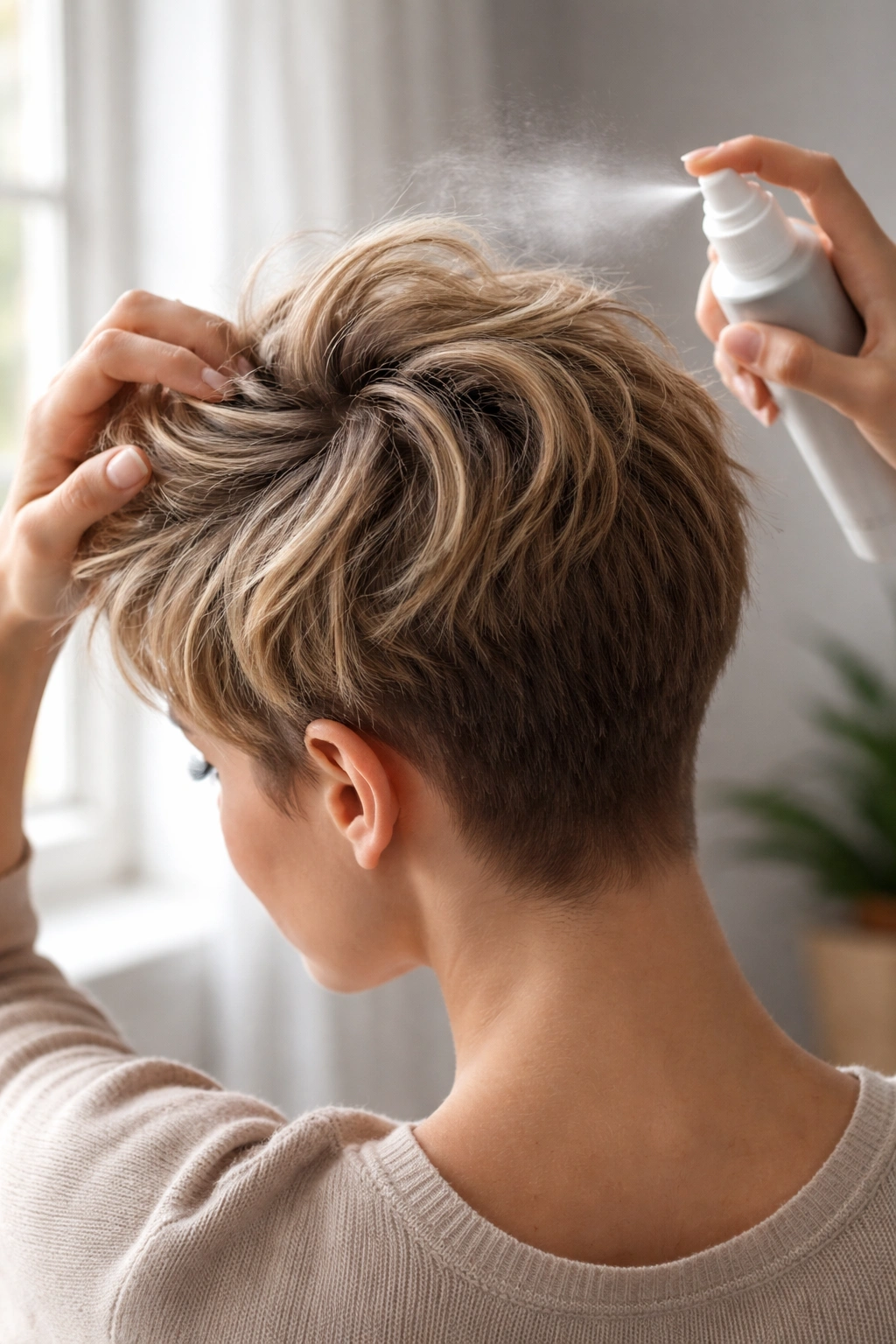 Close-up of a textured tousle on short hair creating crown volume