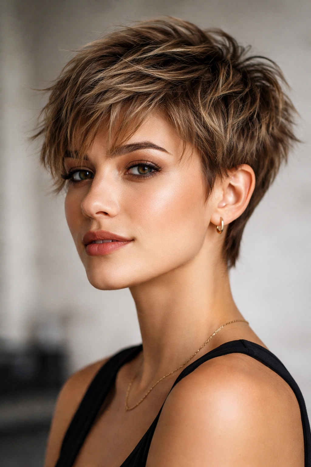 Close-up of a person with a textured tousled crop showing choppy layers