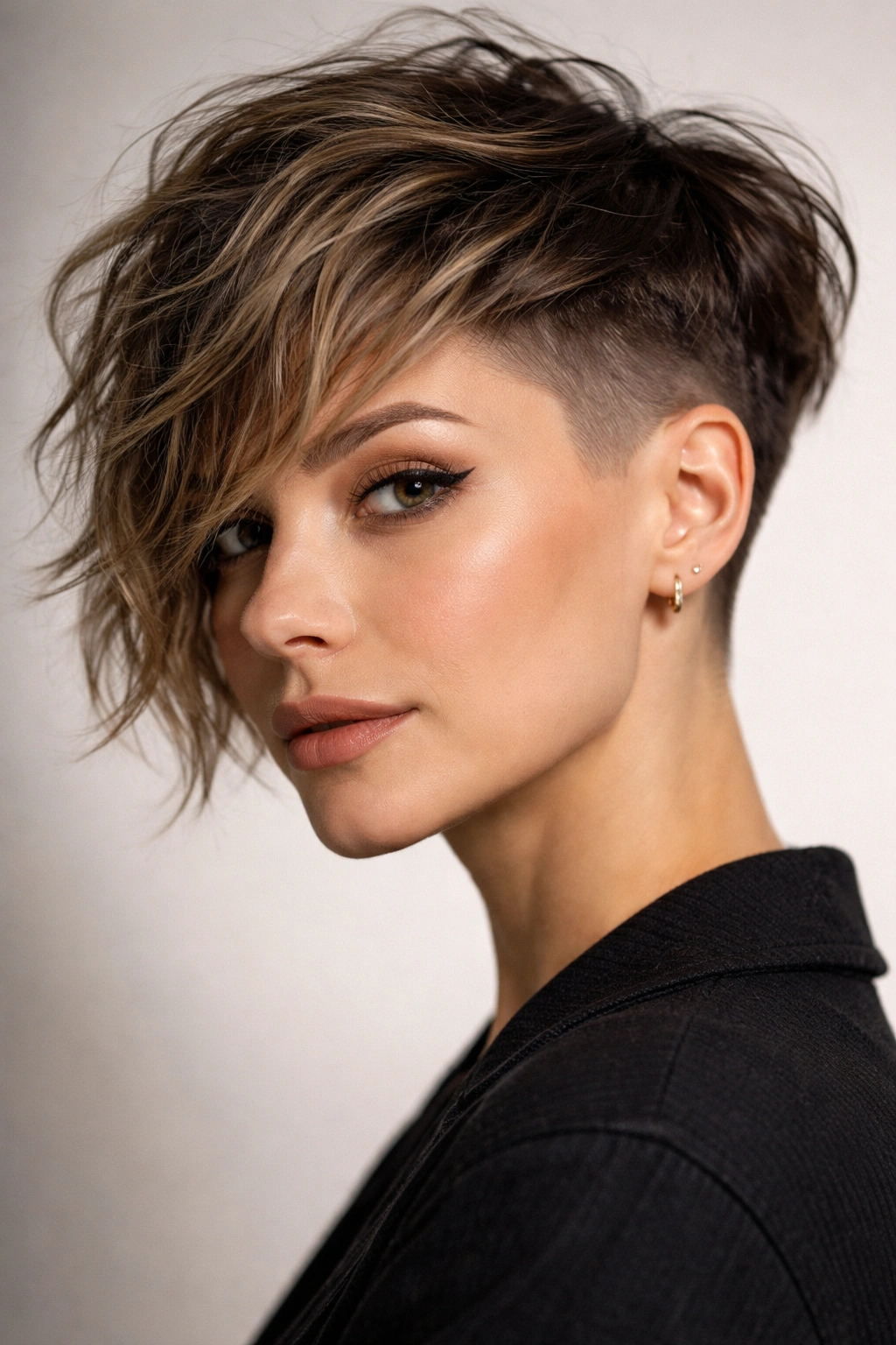 Profile view of a textured undercut bob with faded sides and longer textured top.