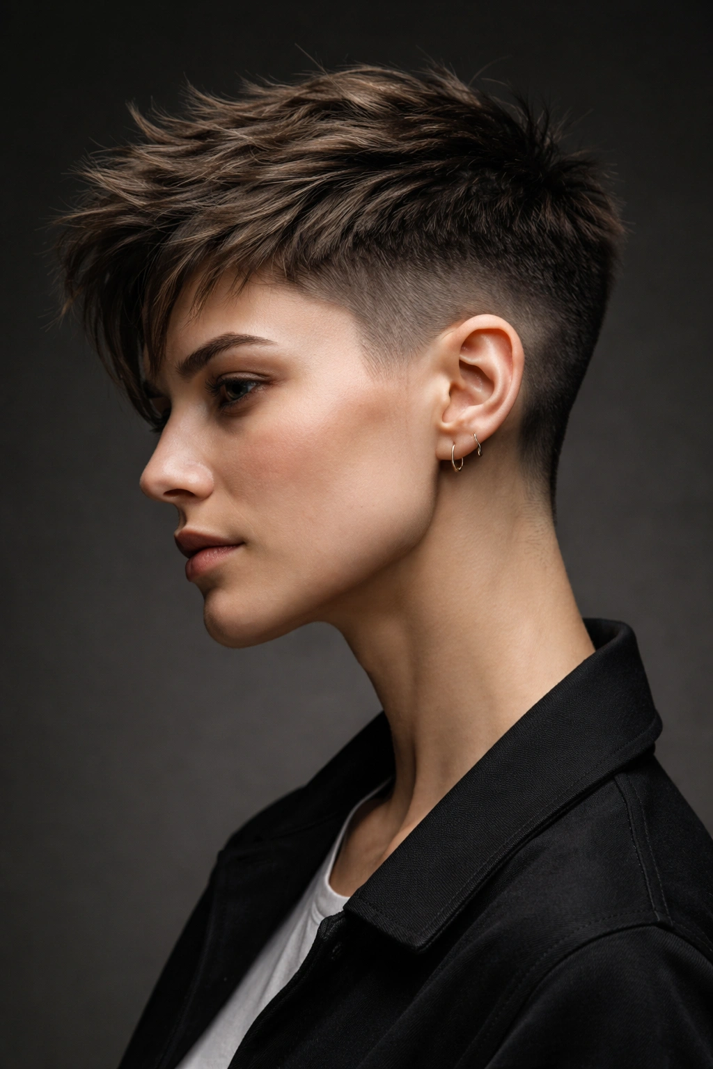 Portrait of a woman with textured undercut and a strong side fade