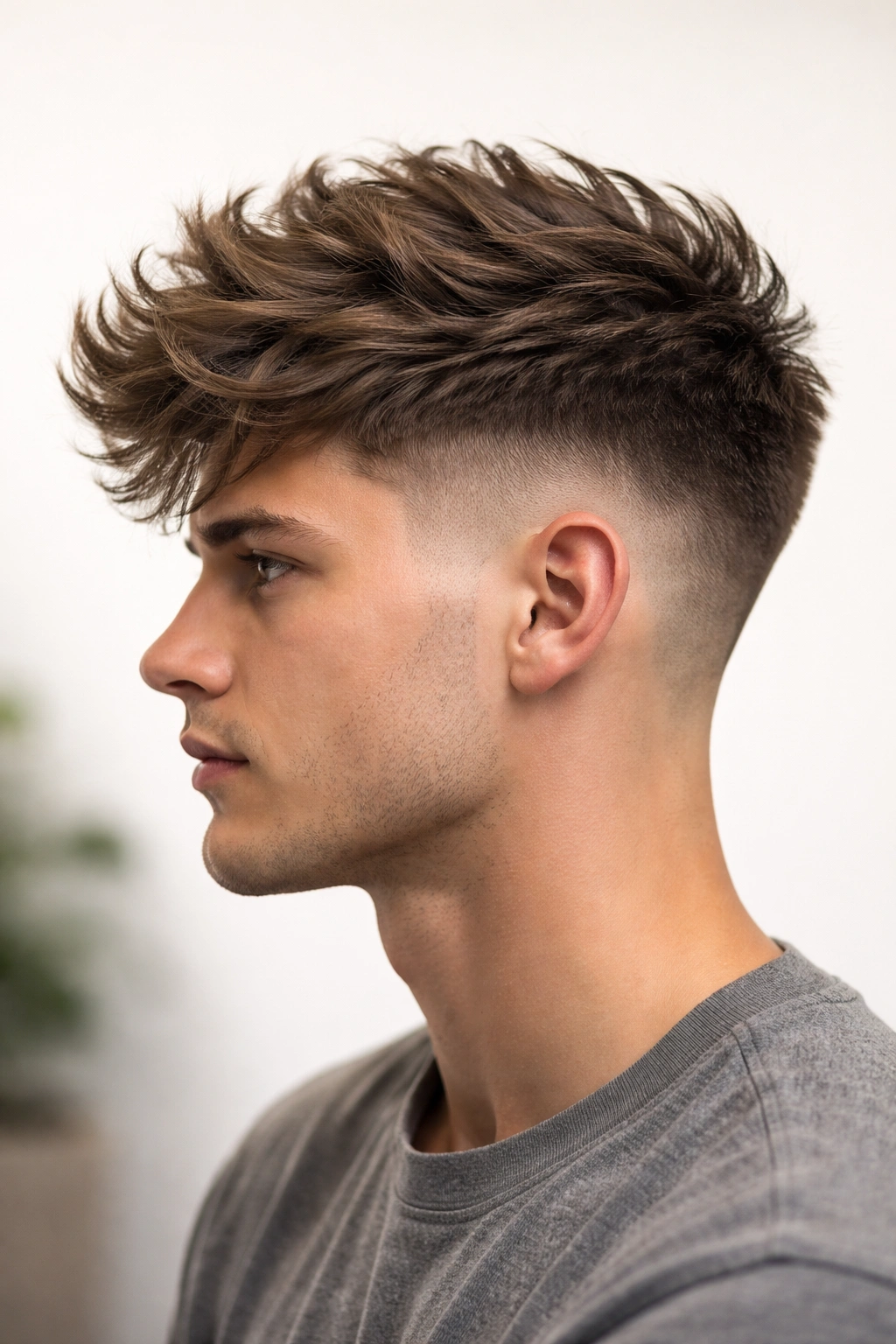 Side profile of textured undercut with gradual fade and voluminous top