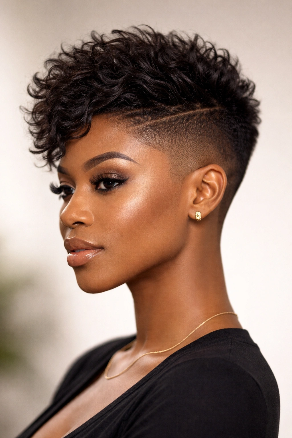 Textured undercut with longer top and shaved sides in a studio portrait