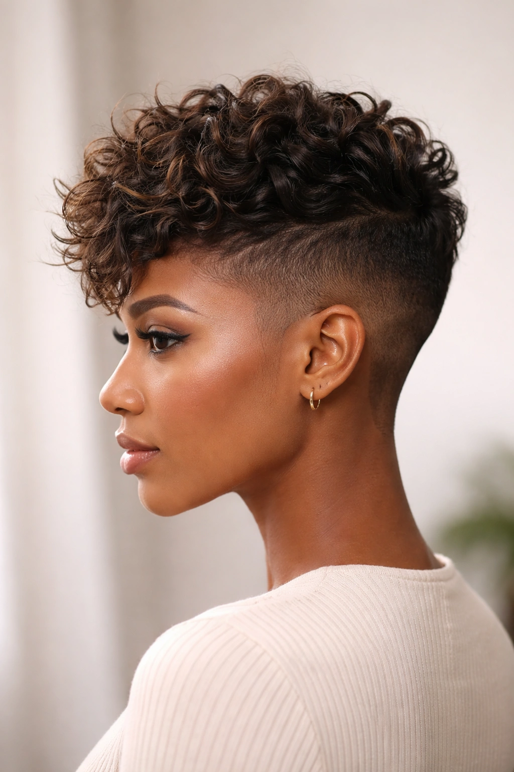 Side profile of a textured undercut with shaved sides and a textured top for high-contrast hairstyle.