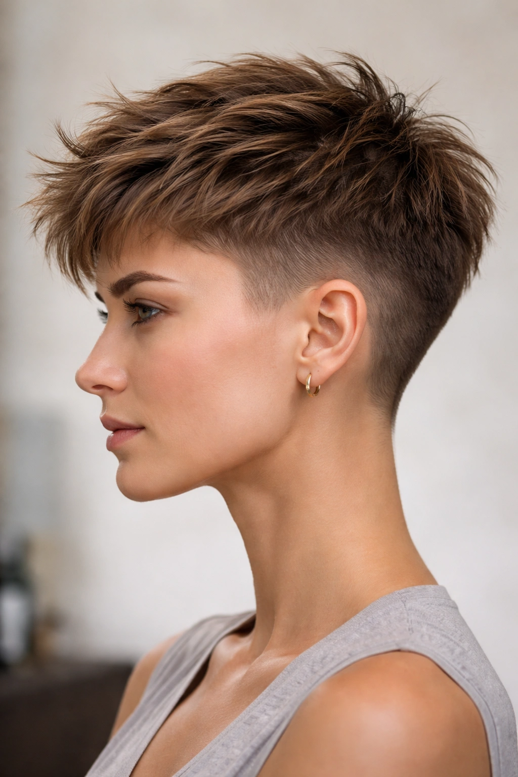 15 Short Haircuts That Look Great Without Bangs 14 Side profile of a head with clipped sides and textured layered top