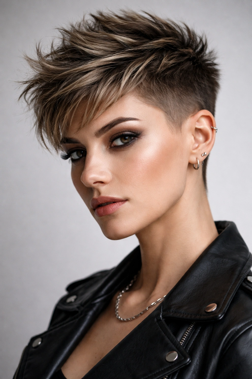 Close-up portrait of a person with a textured undercut pixie, short sides and a longer, choppy top.