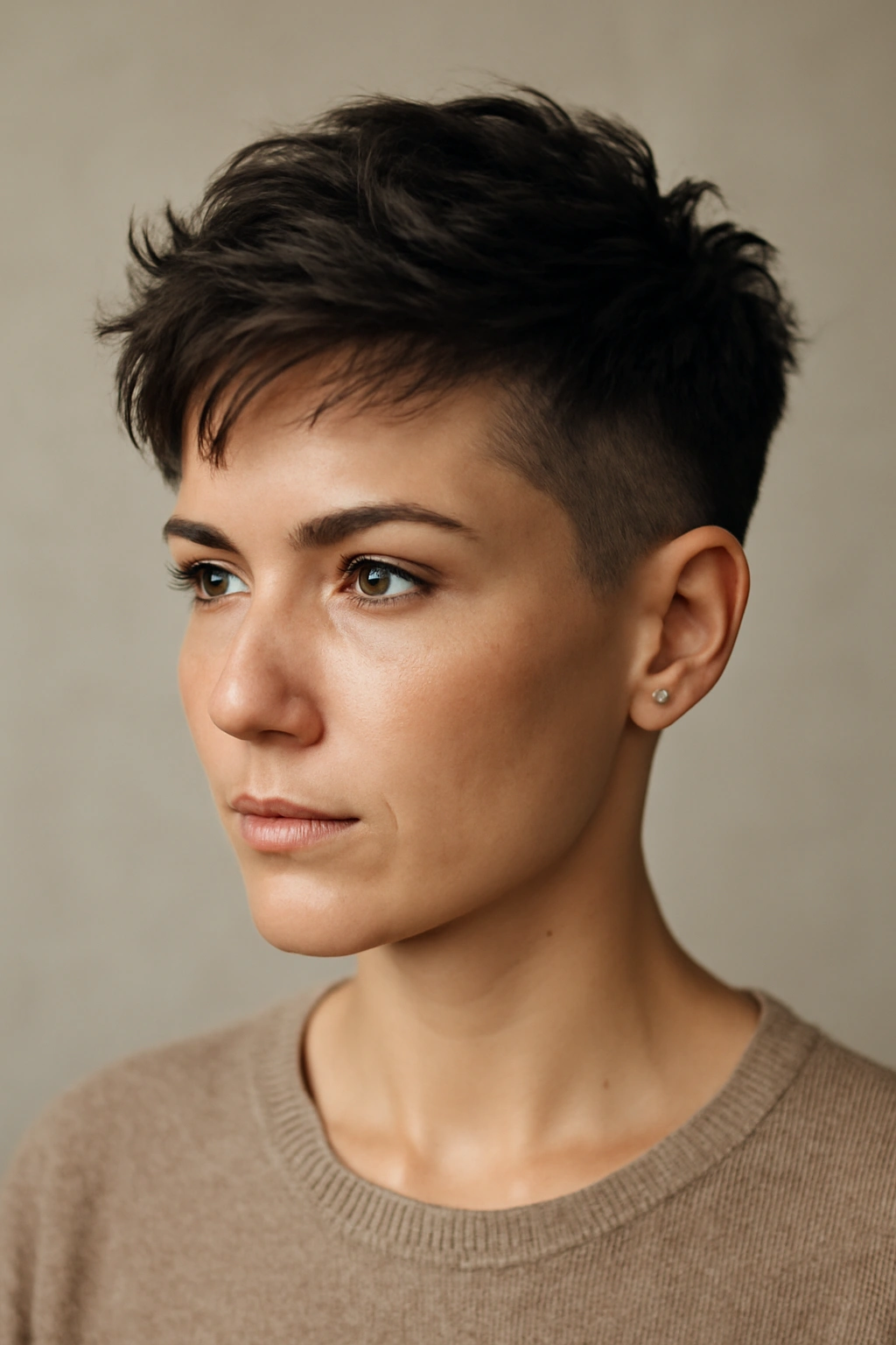 25 Hairstyles For Women Sorted By Length 2 Close-up portrait of a person with a textured undercut pixie and longer top.