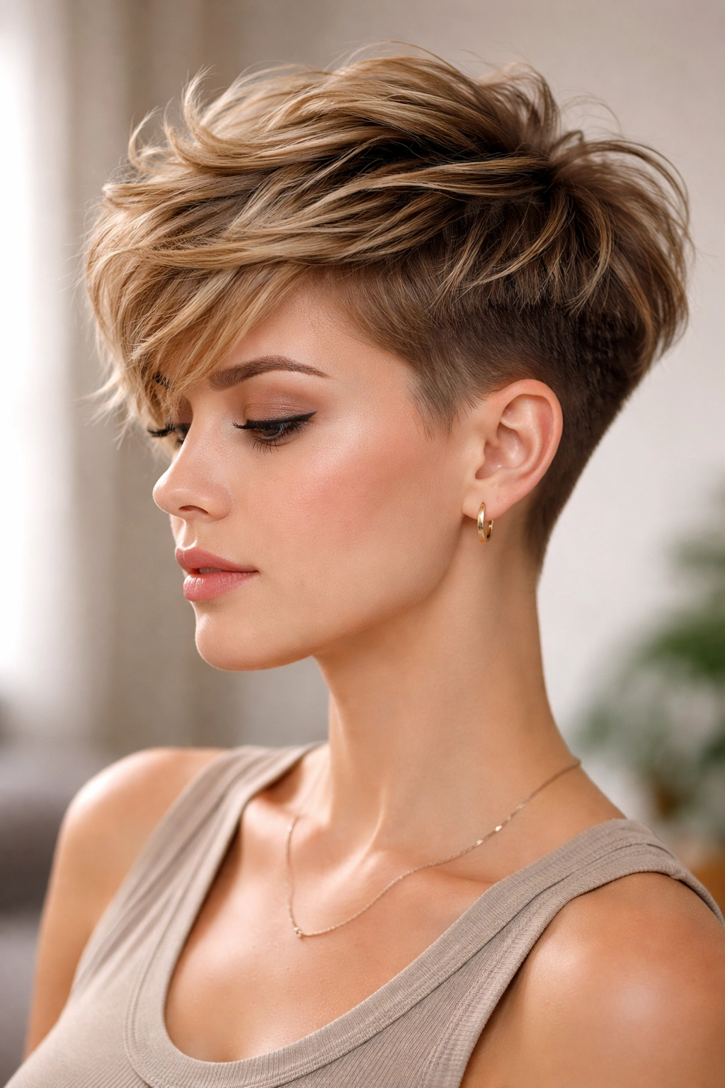 Three-quarter view of a textured undercut pixie with longer top and layered crown