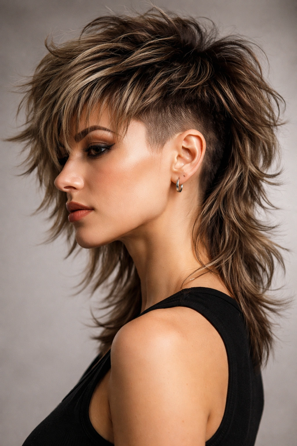 Close-up of a textured undercut shag with shaved sides and choppy top layers