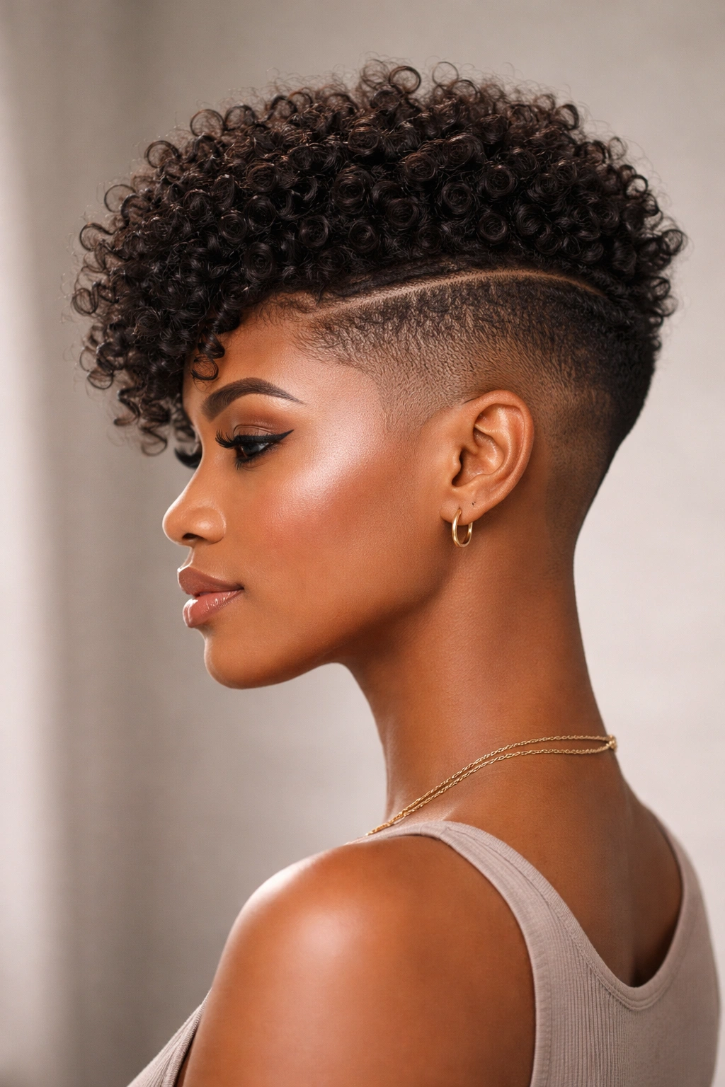 Profile view of a sharp textured undercut with very short sides and a long textured top