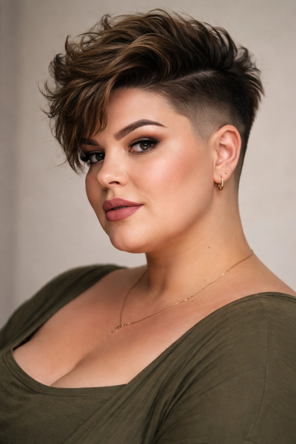 Portrait of a woman with a textured undercut showing top texture and shaved sides