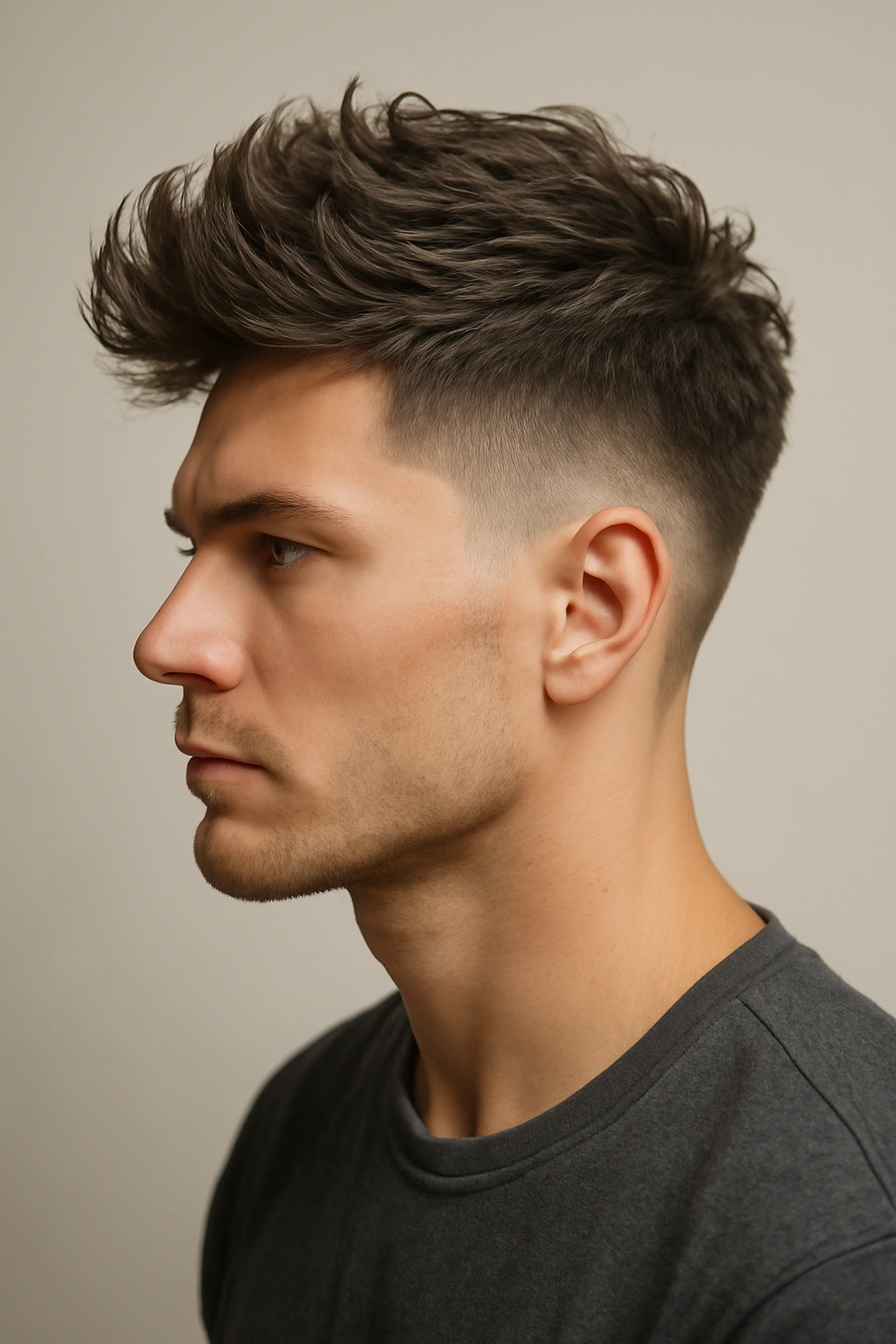 Profile shot of a textured undercut with high-volume top softening square jawlines.