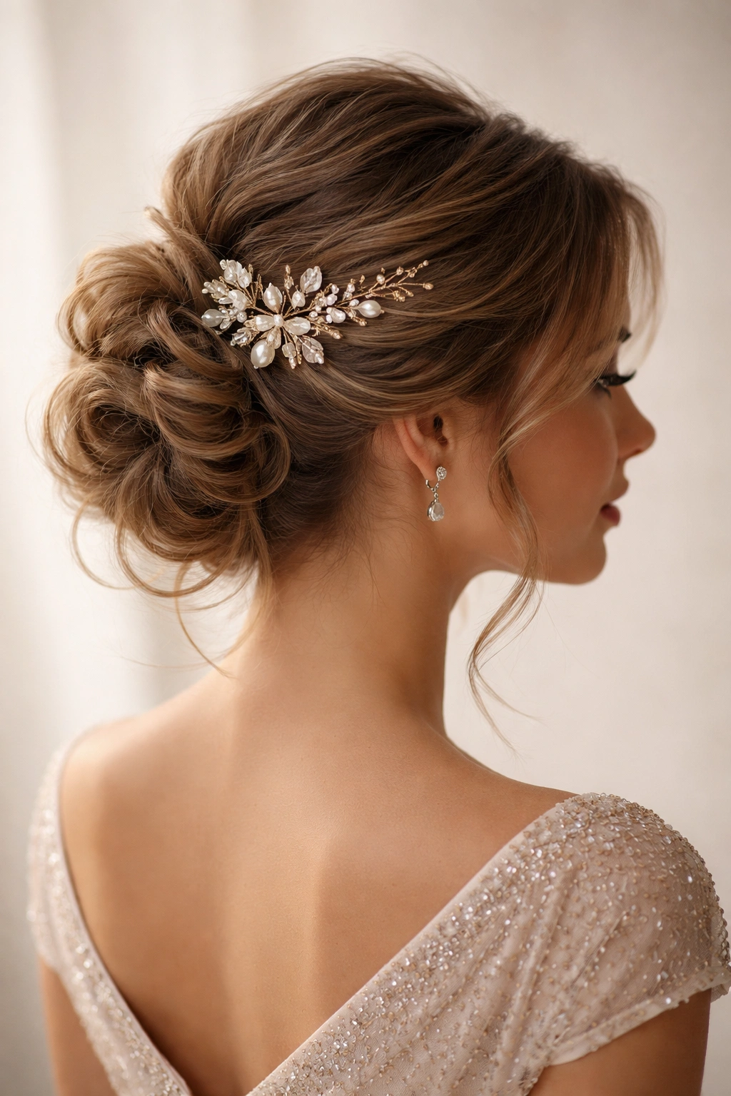 Textured updo with a delicate hair accessory as focal point