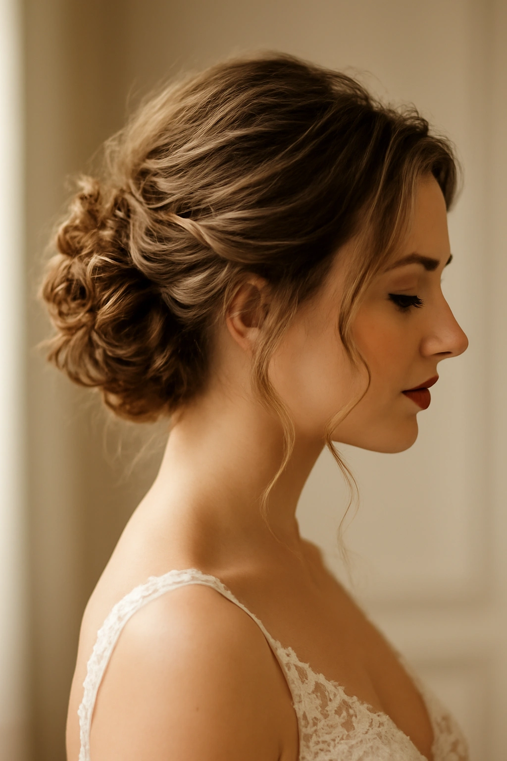 Close-up of a bride's textured updo with loose curls and face-framing pieces