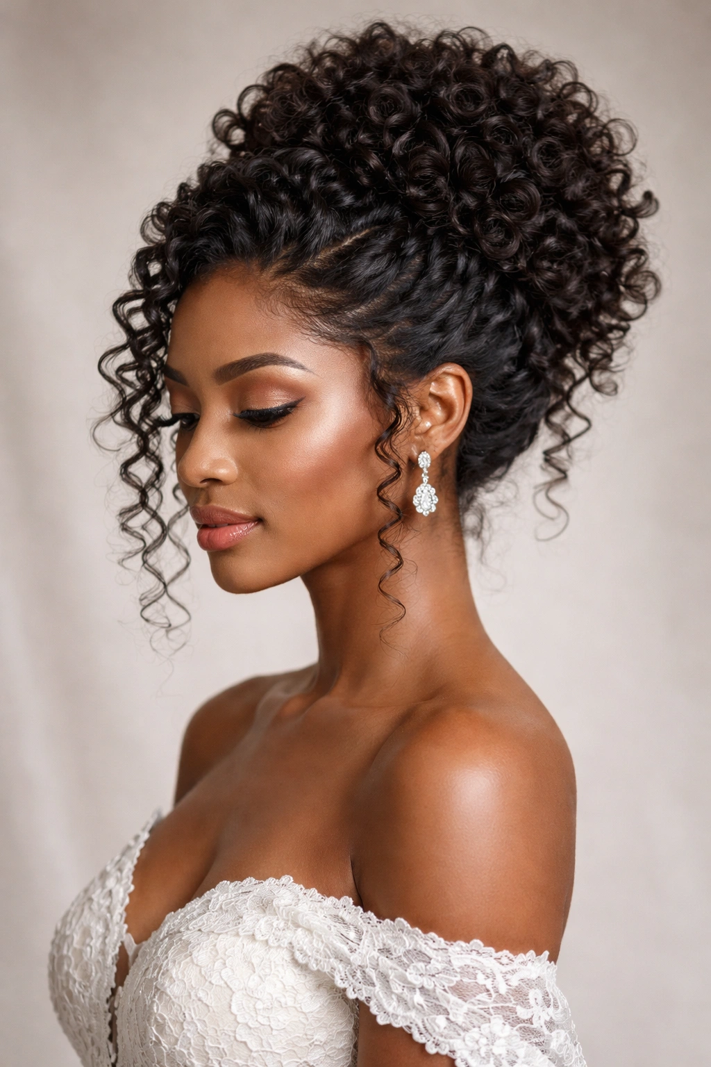 Textured updo with natural curls bridal hairstyle.