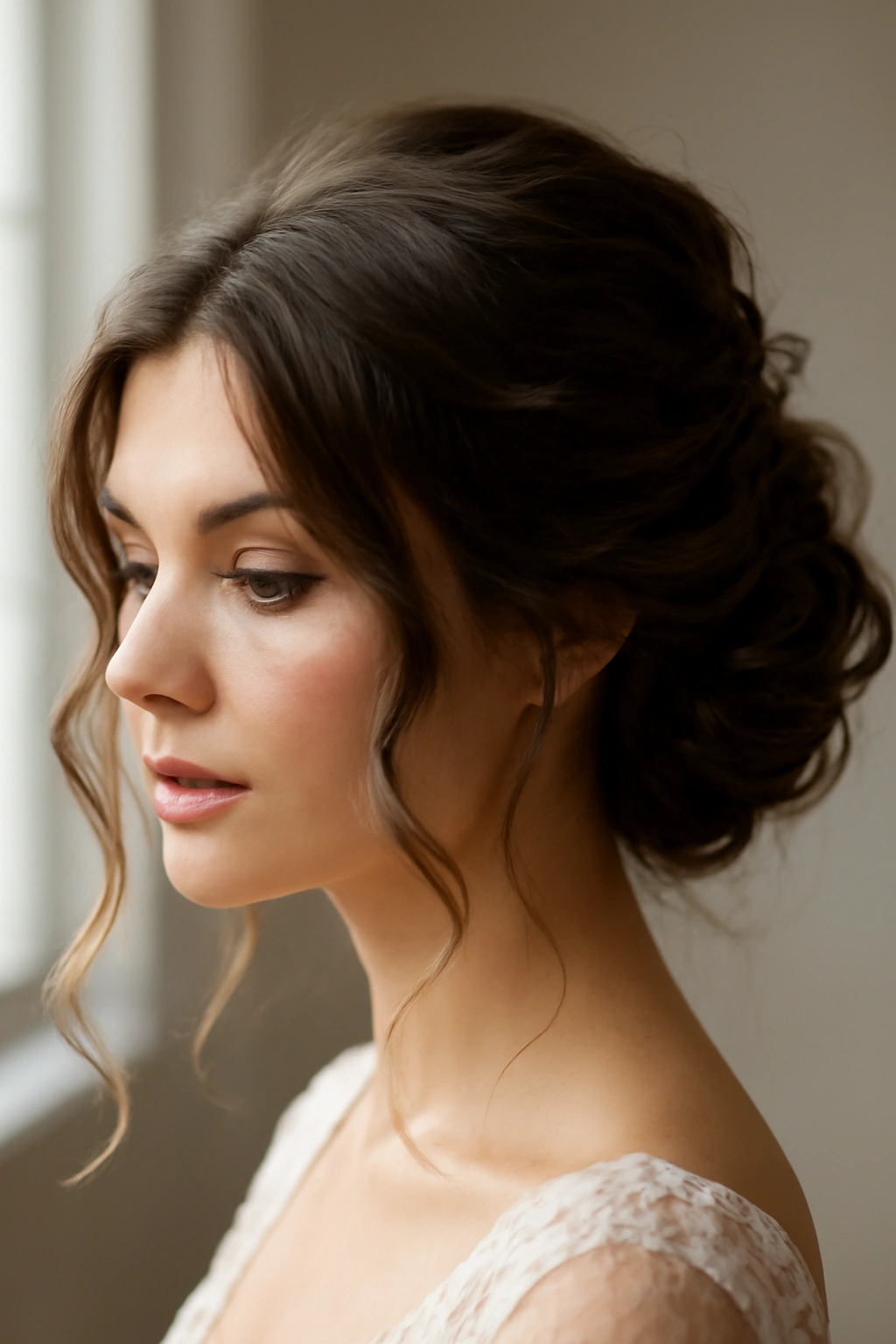 18 Wedding Styles From Polished Updos to Soft Waves 5 Textured updo with face-framing curls and visible texture