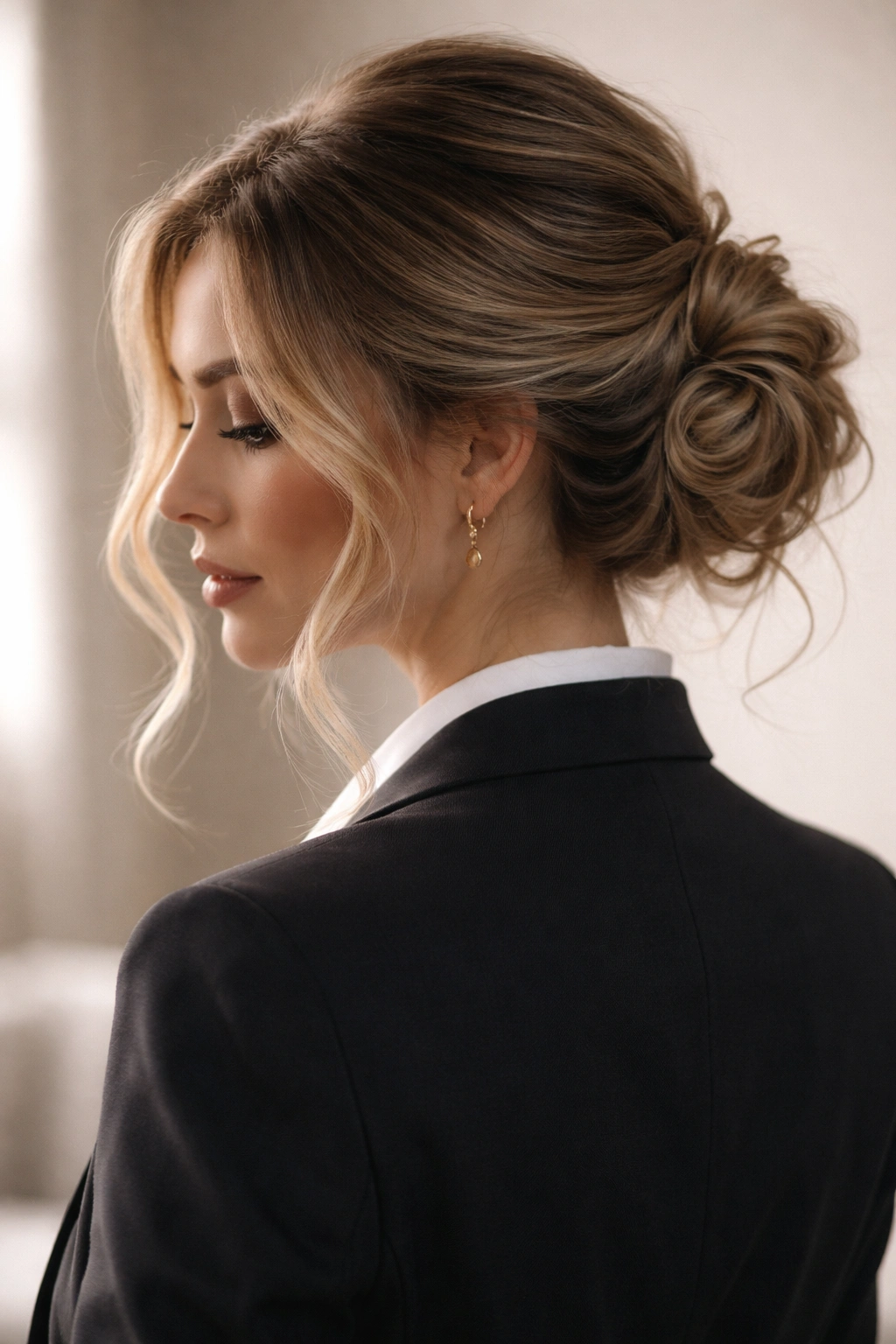 Close-up of a textured updo with loose waves and wisps.