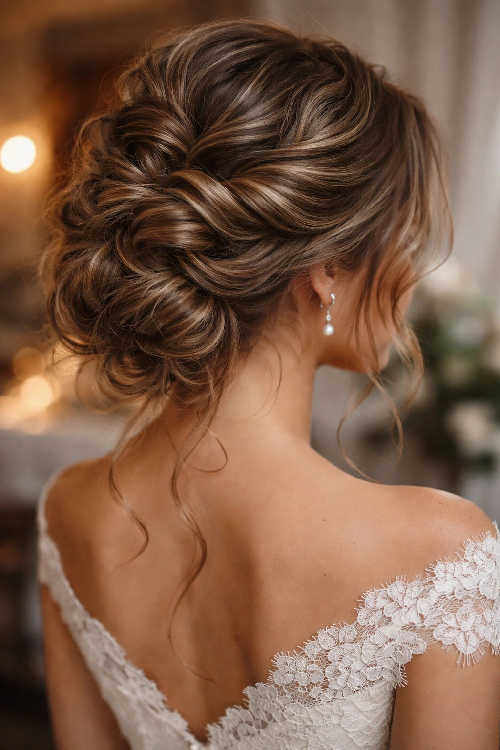 Thick, wavy hair pinned into a textured updo with twists and volume