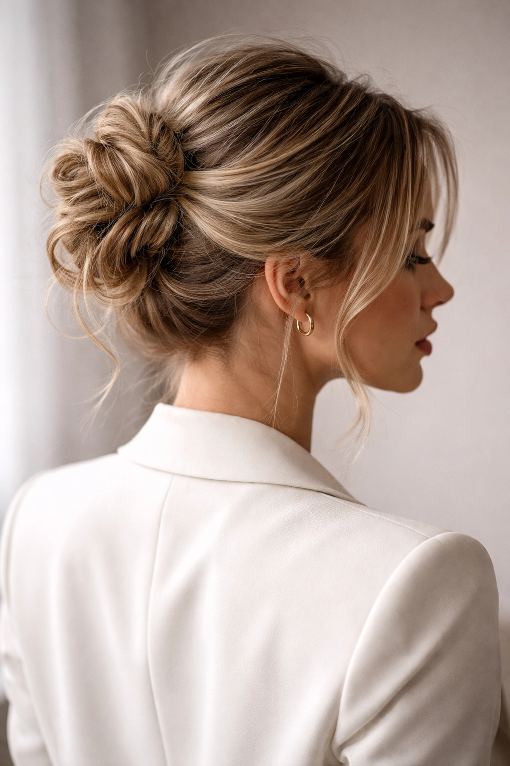 Textured updo with crown volume and a twisted knot