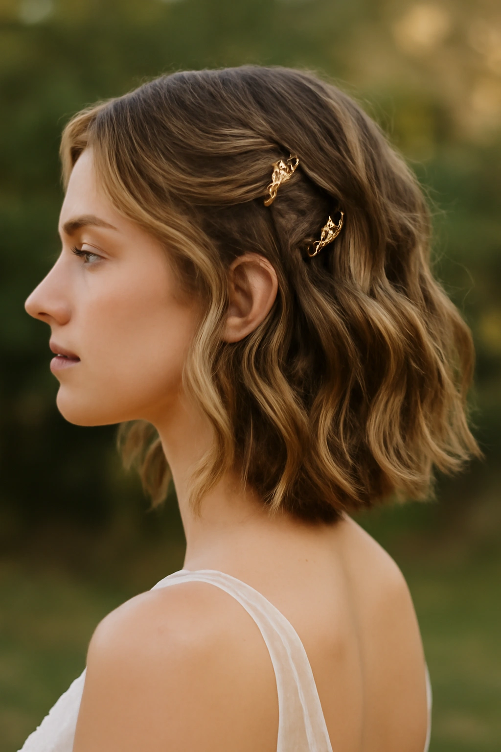 Close-up of textured waves with delicate clips bridal hairstyle
