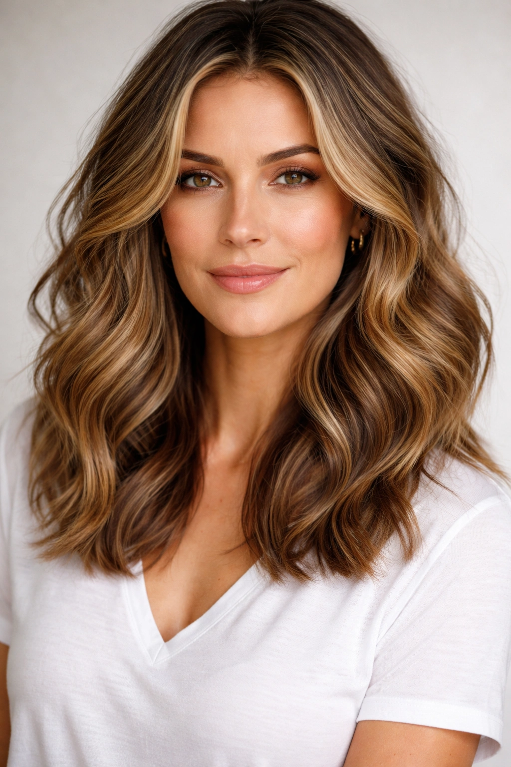 Textured waves with dimensional color on medium-length hair.