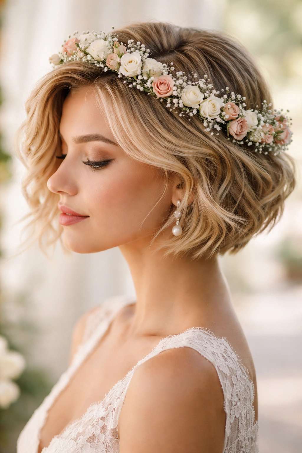 Short hair with textured waves and floral crown