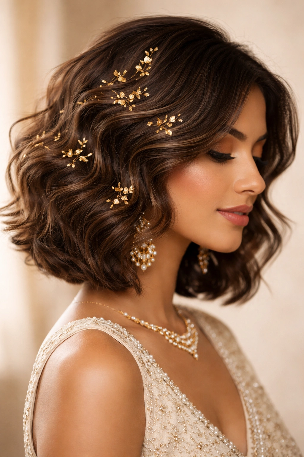 Close-up of shoulder-length hair styled in textured waves with gold leaf accents