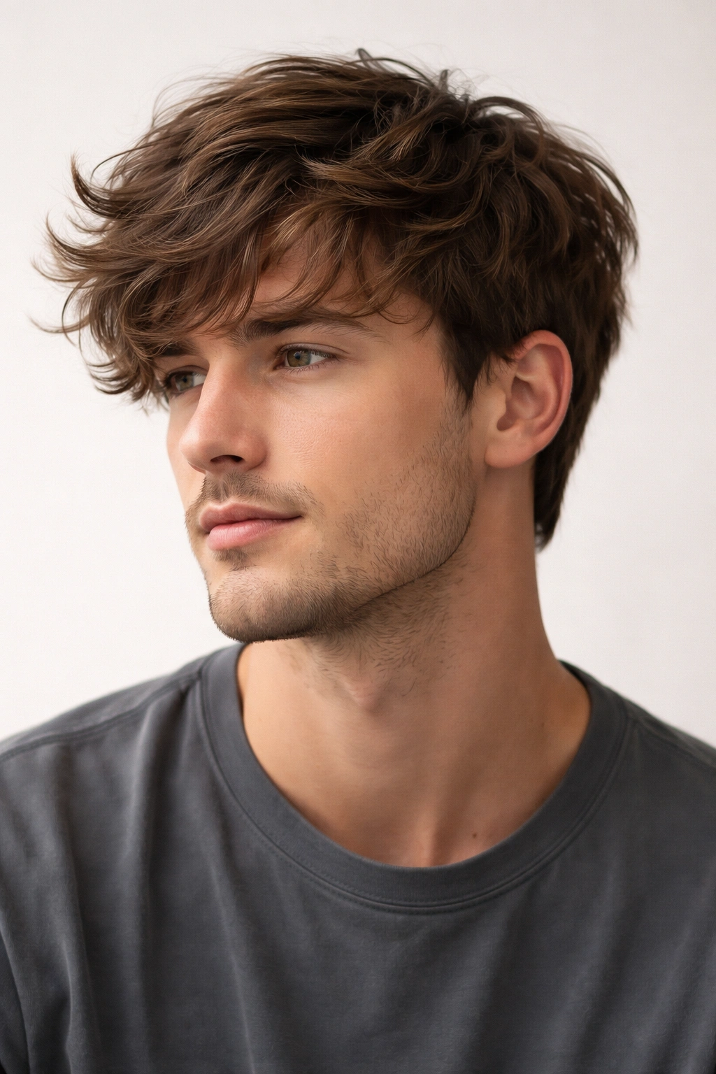 Portrait of a man with textured waves and layered cut showing natural movement.