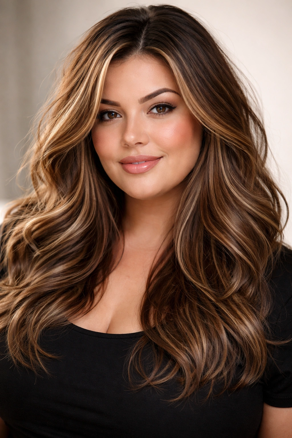 Plus-size woman with layered textured waves and highlights
