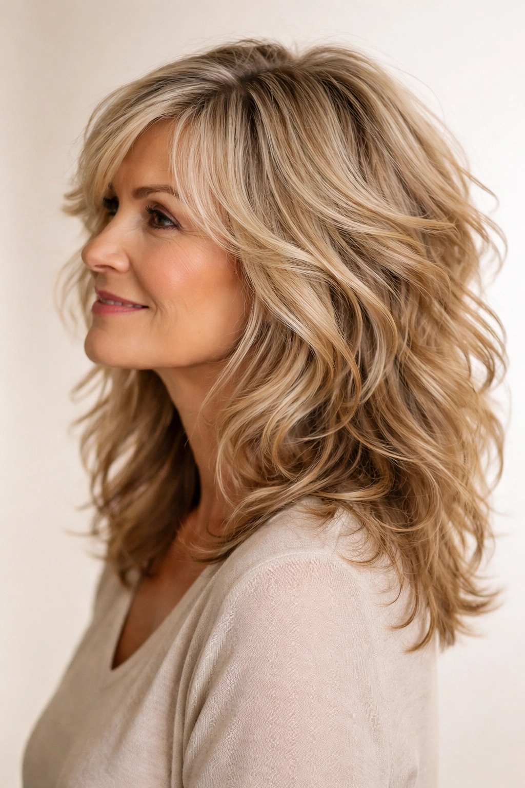 Hair with textured waves and multiple layers creating movement.