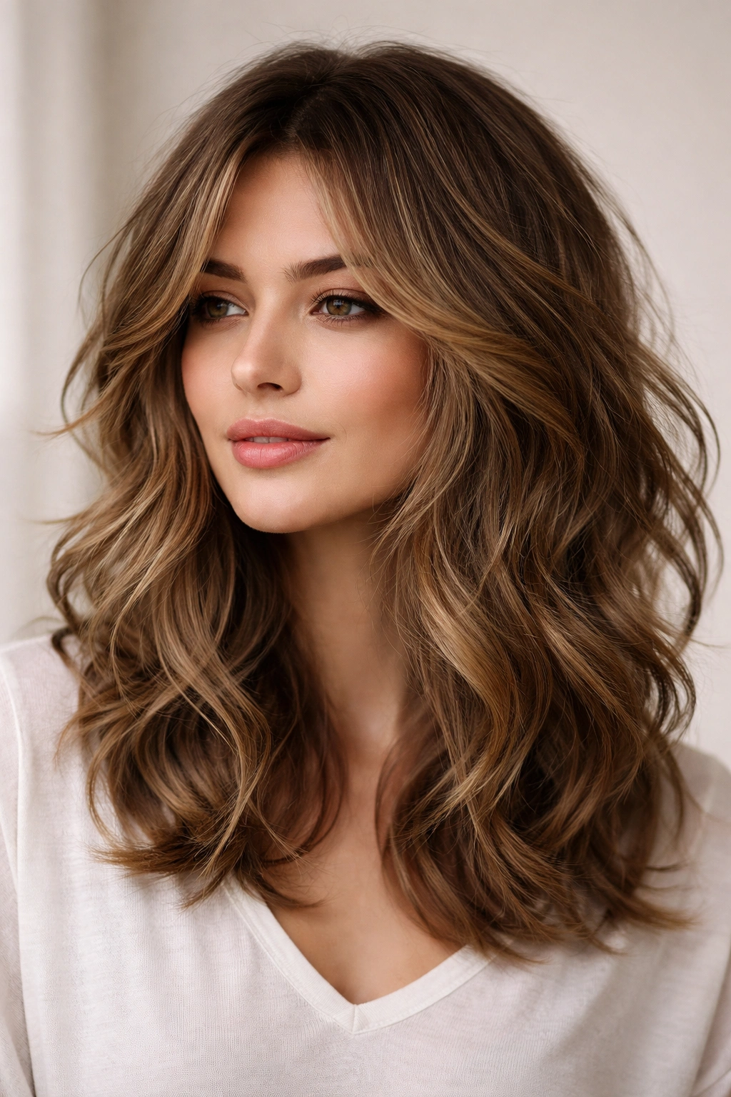 Close-up of textured wavy layers enhancing movement in medium-length hair
