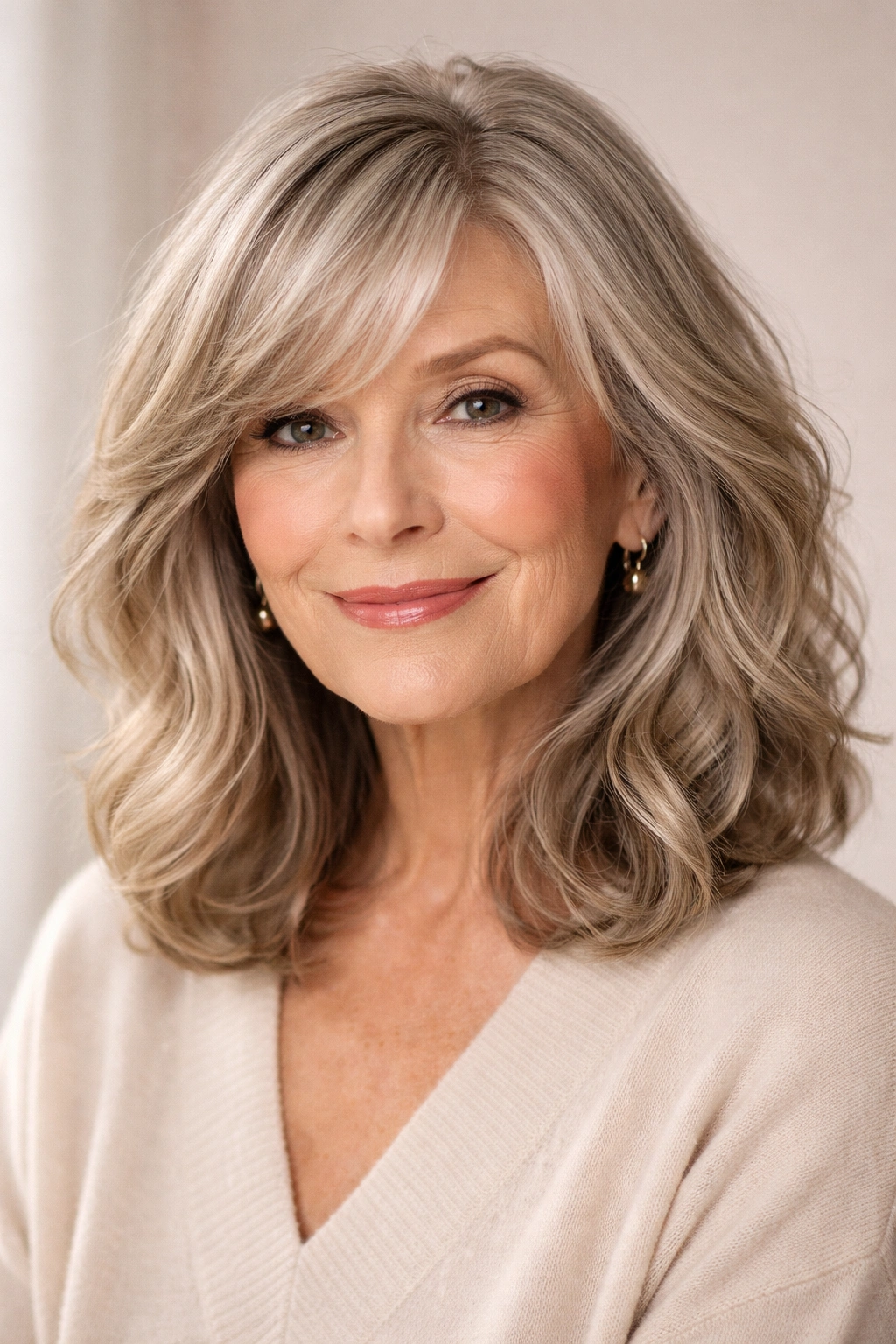 Head-and-shoulders of textured wavy lob with side bangs and movement.