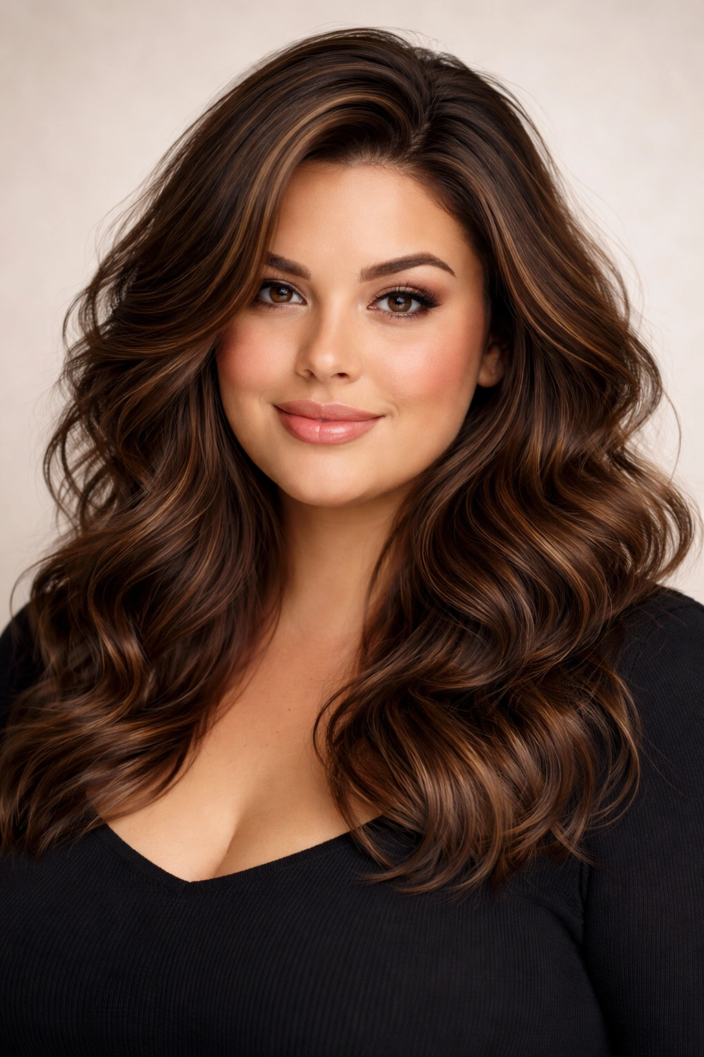Close-up portrait of a plus-size woman with textured waves and crown volume