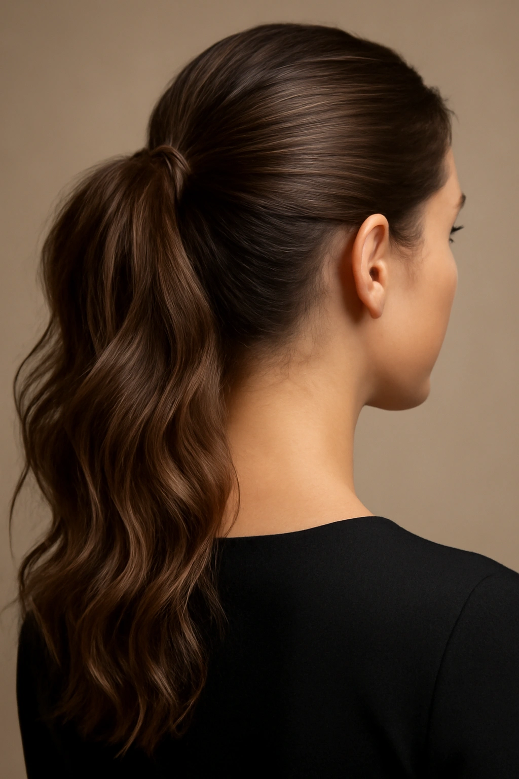 Ponytail with a smooth base and textured, wavy tail, photographed from the side.
