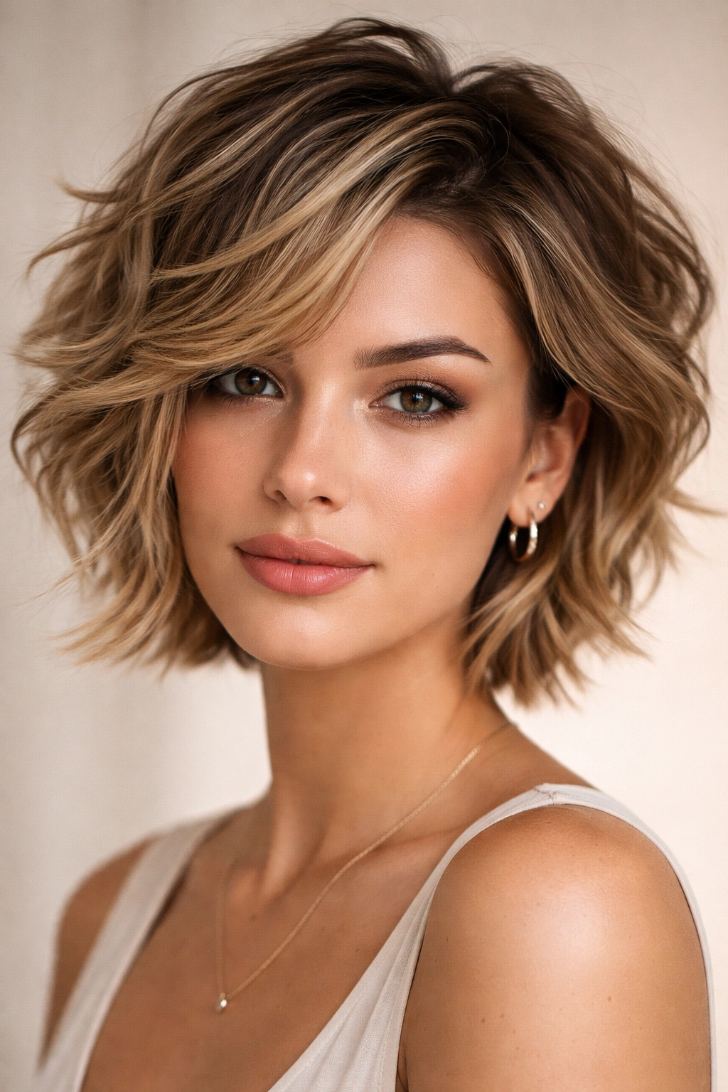Close-up of short hair with textured tousled waves and defined layers.