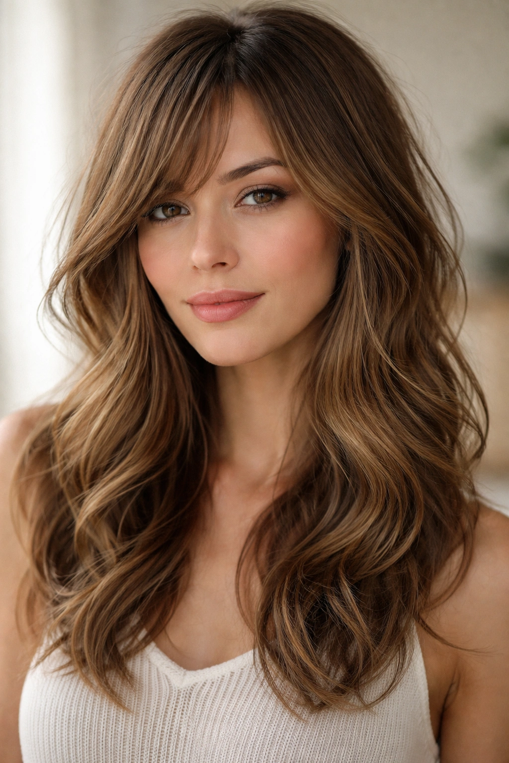 12 Medium Hair Ideas Styled With Long Side Bangs 1 Close-up of medium-length textured waves with wispy bangs in soft natural light