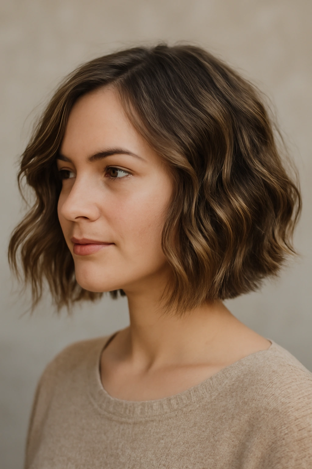 12 Angled Bob Cuts That Flatter Natural Curls 11 Head-and-shoulders shot of a textured wavy bob with soft blended layers.