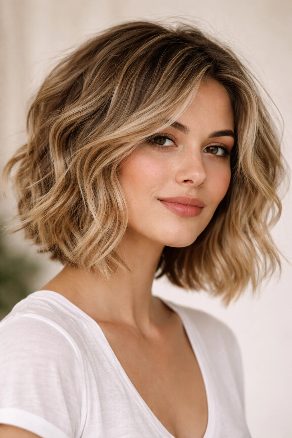 Close-up of a textured wavy bob showing movement and layered ends